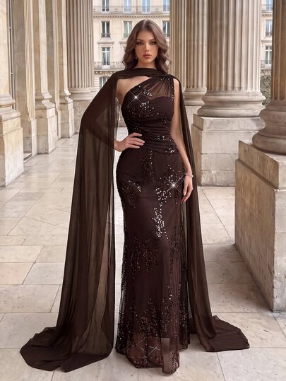 Poshira Women's One-Shoulder Sequin Elegant Waist-Cinching Evening Party Dress