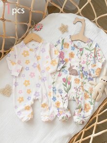SHEIN 新生女嬰可愛蝴蝶結印花針織柔軟休閒圓領長袖連腳連身衣，秋冬款情人節套裝，白色 - 彩色 - 查看 4
