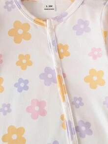 SHEIN 新生女嬰可愛蝴蝶結印花針織柔軟休閒圓領長袖連腳連身衣，秋冬款情人節套裝，白色 - 彩色 - 查看 7