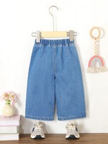 SHEIN Playful Pals 女嬰寬鬆輕便休閒圖案西式牛仔長褲，淺藍色，適合假期、畢業派對、學校、居家，夏秋季穿著 - 中等水洗藍 - 查看 3