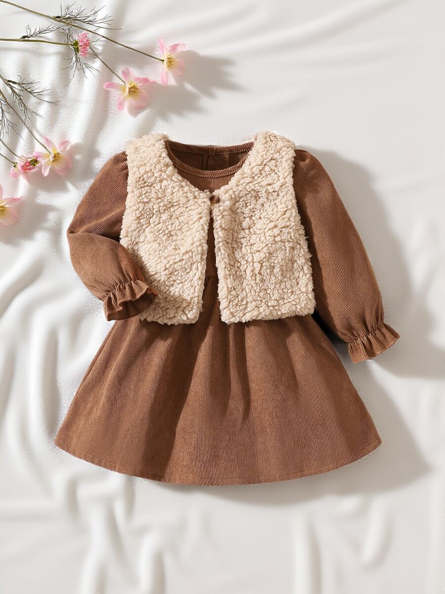 SHEIN Vintaside Kids 2件組女嬰復古可愛優雅抓絨背心外套燈芯絨泡泡袖洋裝套裝,棕色條紋秋季家庭親子穿搭,加厚保暖拍照用 - 棕色 - 查看 1