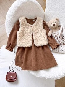 SHEIN Vintaside Kids 2件組女嬰復古可愛優雅抓絨背心外套燈芯絨泡泡袖洋裝套裝，棕色條紋秋季家庭親子穿搭，加厚保暖拍照用 - 棕色 - 查看 3