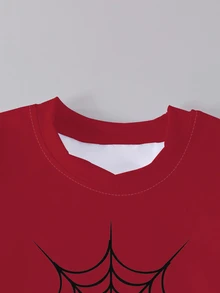 1 Set Young Boys' Cool Spider Web Spider Graphic Red T-Shirt Pink Shorts, Summer Outfit For Daily Wear Halloween - Multicolor - View 3