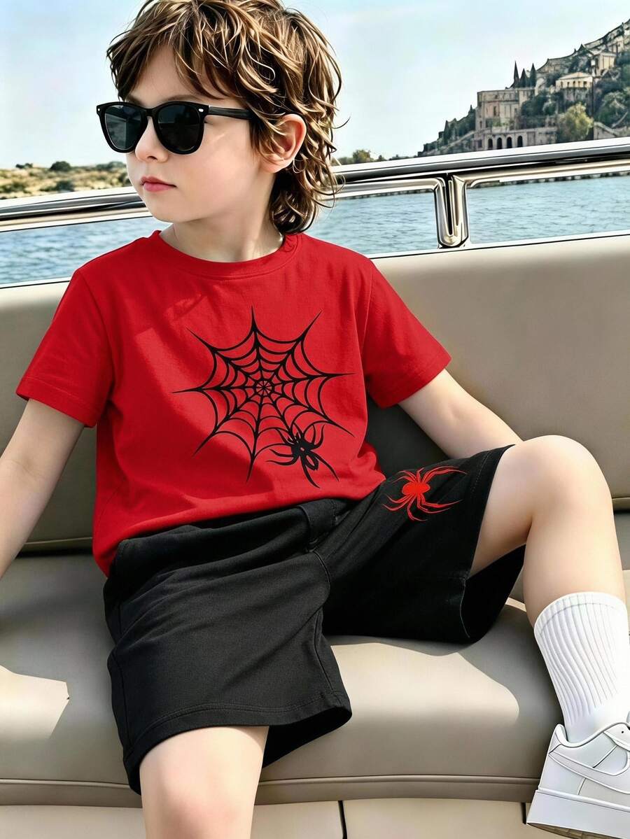 1 Set Young Boys' Cool Spider Web Spider Graphic Red T-Shirt Pink Shorts, Summer Outfit For Daily Wear Halloween - Multicolor - View 1