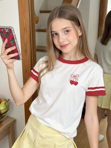 Tween女孩白色紅心櫻桃蝴蝶結圖案印花T恤，可愛學院風運動夏季開學短袖上衣 - 彩色 - 查看 8
