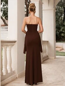 Poshira Women's Solid Color Elegant Waist-Cinched Strapless Cocktail Dress - Coffee Brown - View 8