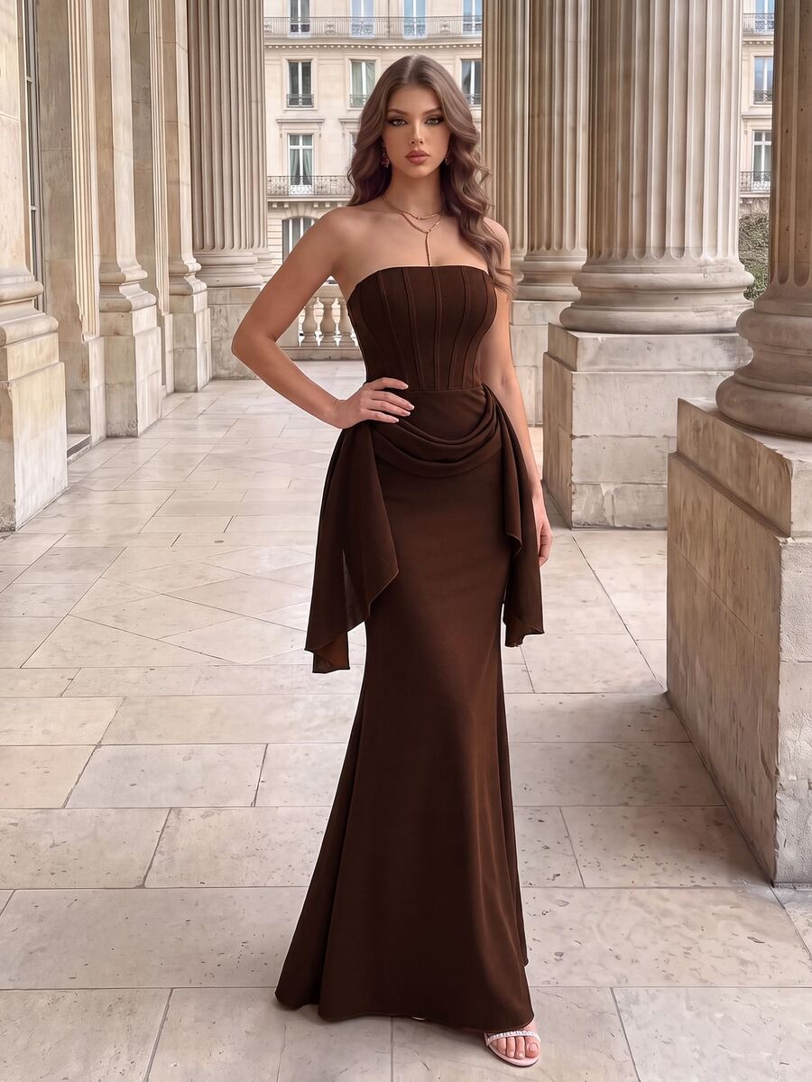 Poshira Women's Solid Color Elegant Waist-Cinched Strapless Cocktail Dress - Coffee Brown - View 1
