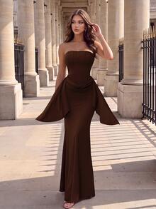 Poshira Women's Solid Color Elegant Waist-Cinched Strapless Cocktail Dress - Coffee Brown - View 5