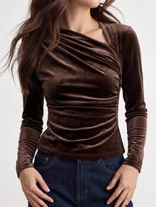 Ontre Asymmetrical Neck Ruched Velvet Tee - Coffee Brown - View 1