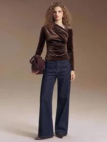 Ontre Asymmetrical Neck Ruched Velvet Tee - Coffee Brown - View 2