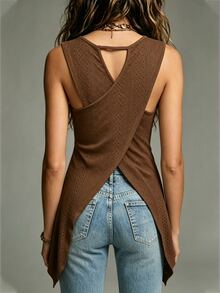 Breezaya Women's Summer Solid Color Criss-Cross Back Round Neck Casual Tank Top For New Year - Brown - View 4