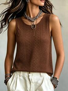 Breezaya Women's Summer Solid Color Criss-Cross Back Round Neck Casual Tank Top For New Year - Brown - View 6