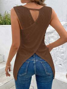 Breezaya Women's Summer Solid Color Criss-Cross Back Round Neck Casual Tank Top For New Year - Brown - View 2