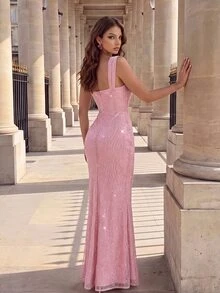 Poshira Women's Sequin Pleated Fishbone Slit Formal Evening Gown (Heavy Workmanship) - Pink - View 3