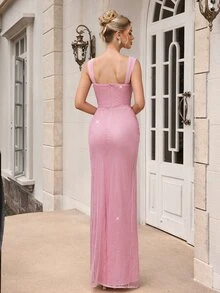 Poshira Women's Sequin Pleated Fishbone Slit Formal Evening Gown (Heavy Workmanship) - Pink - View 9