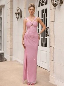 Poshira Women's Sequin Pleated Fishbone Slit Formal Evening Gown (Heavy Workmanship) - Pink - View 11