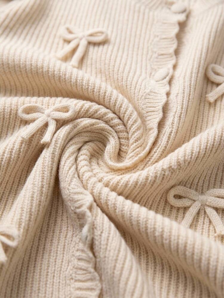 SHEIN Tall Size Women Apricot Solid Color Ribbon Trim Bow Detailed Button Front Cardigan, Cute Casual Daily Brunch Autumn Winter - Beige - View 4