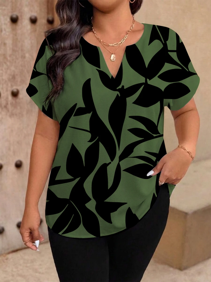 Weeklong Plus Size Contrast-Colored Leaf Pattern Short-Sleeved Shirt - Multicolor - View 1