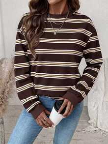SHEIN LUNE Women's Casual Preppy Brown Stripe Colorblock Long Sleeve Sweatshirt For Daily Wear School University Autumn Everyday School - White - View 3