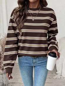 SHEIN LUNE Women's Casual Preppy Brown Stripe Colorblock Long Sleeve Sweatshirt For Daily Wear School University Autumn Everyday School - White - View 2