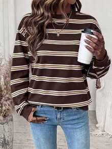SHEIN LUNE Women's Casual Preppy Brown Stripe Colorblock Long Sleeve Sweatshirt For Daily Wear School University Autumn Everyday School - White - View 6