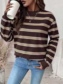 SHEIN LUNE Women's Casual Preppy Brown Stripe Colorblock Long Sleeve Sweatshirt For Daily Wear School University Autumn Everyday School - White - View 5