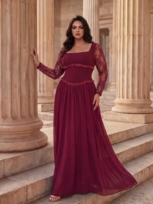 Coutiva Plus Size Women's Contrast Lace Long Sleeve Square Neck Elegant Formal Evening Gown - Burgundy - View 3