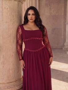 Coutiva Plus Size Women's Contrast Lace Long Sleeve Square Neck Elegant Formal Evening Gown - Burgundy - View 5