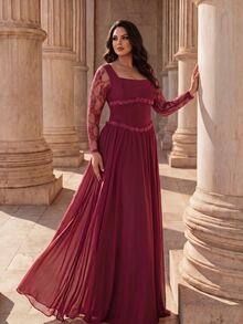 Coutiva Plus Size Women's Contrast Lace Long Sleeve Square Neck Elegant Formal Evening Gown - Burgundy - View 7