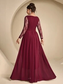 Coutiva Plus Size Women's Contrast Lace Long Sleeve Square Neck Elegant Formal Evening Gown - Burgundy - View 8