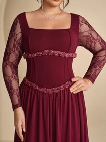 Coutiva Plus Size Women's Contrast Lace Long Sleeve Square Neck Elegant Formal Evening Gown - Burgundy - View 12
