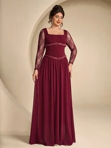 Coutiva Plus Size Women's Contrast Lace Long Sleeve Square Neck Elegant Formal Evening Gown - Burgundy - View 10
