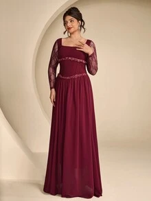Coutiva Plus Size Women's Contrast Lace Long Sleeve Square Neck Elegant Formal Evening Gown - Burgundy - View 9