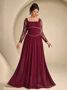 Coutiva Plus Size Women's Contrast Lace Long Sleeve Square Neck Elegant Formal Evening Gown - Burgundy - View 1