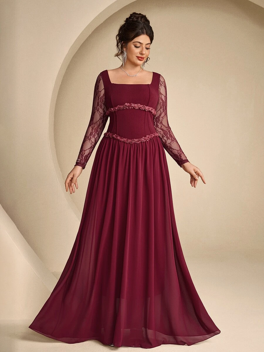 Coutiva Plus Size Women's Contrast Lace Long Sleeve Square Neck Elegant Formal Evening Gown - Burgundy - View 1
