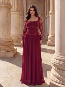 Coutiva Plus Size Women's Contrast Lace Long Sleeve Square Neck Elegant Formal Evening Gown - Burgundy - View 6