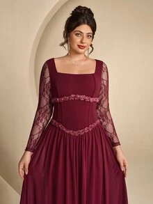 Coutiva Plus Size Women's Contrast Lace Long Sleeve Square Neck Elegant Formal Evening Gown - Burgundy - View 11
