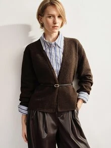 Briarwyn 秋冬優雅女款深V領裹身開襟針織毛衣，附細腰帶，適合日常穿著與辦公室，老錢風 - 咖啡棕 - 查看 5