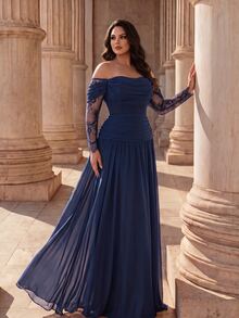 Coutiva Plus Size Women's Contrast Lace Long Sleeve Off-Shoulder Elegant Formal Evening Gown - Navy Blue - View 1