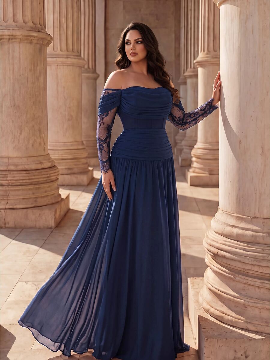 Coutiva Plus Size Women's Contrast Lace Long Sleeve Off-Shoulder Elegant Formal Evening Gown - Navy Blue - View 1