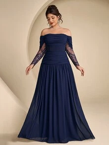 Coutiva Plus Size Women's Contrast Lace Long Sleeve Off-Shoulder Elegant Formal Evening Gown - Navy Blue - View 7