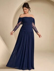 Coutiva Plus Size Women's Contrast Lace Long Sleeve Off-Shoulder Elegant Formal Evening Gown - Navy Blue - View 10