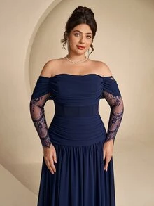 Coutiva Plus Size Women's Contrast Lace Long Sleeve Off-Shoulder Elegant Formal Evening Gown - Navy Blue - View 11