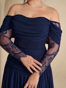 Coutiva Plus Size Women's Contrast Lace Long Sleeve Off-Shoulder Elegant Formal Evening Gown - Navy Blue - View 12