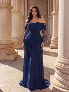 Coutiva Plus Size Women's Contrast Lace Long Sleeve Off-Shoulder Elegant Formal Evening Gown - Navy Blue - View 6