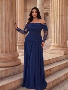 Coutiva Plus Size Women's Contrast Lace Long Sleeve Off-Shoulder Elegant Formal Evening Gown - Navy Blue - View 3