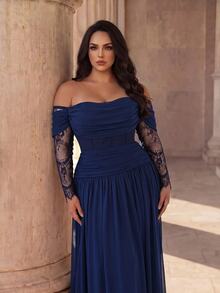 Coutiva Plus Size Women's Contrast Lace Long Sleeve Off-Shoulder Elegant Formal Evening Gown - Navy Blue - View 5