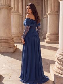 Coutiva Plus Size Women's Contrast Lace Long Sleeve Off-Shoulder Elegant Formal Evening Gown - Navy Blue - View 2