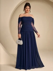 Coutiva Plus Size Women's Contrast Lace Long Sleeve Off-Shoulder Elegant Formal Evening Gown - Navy Blue - View 9