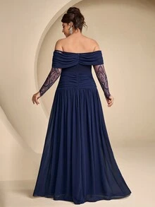 Coutiva Plus Size Women's Contrast Lace Long Sleeve Off-Shoulder Elegant Formal Evening Gown - Navy Blue - View 8